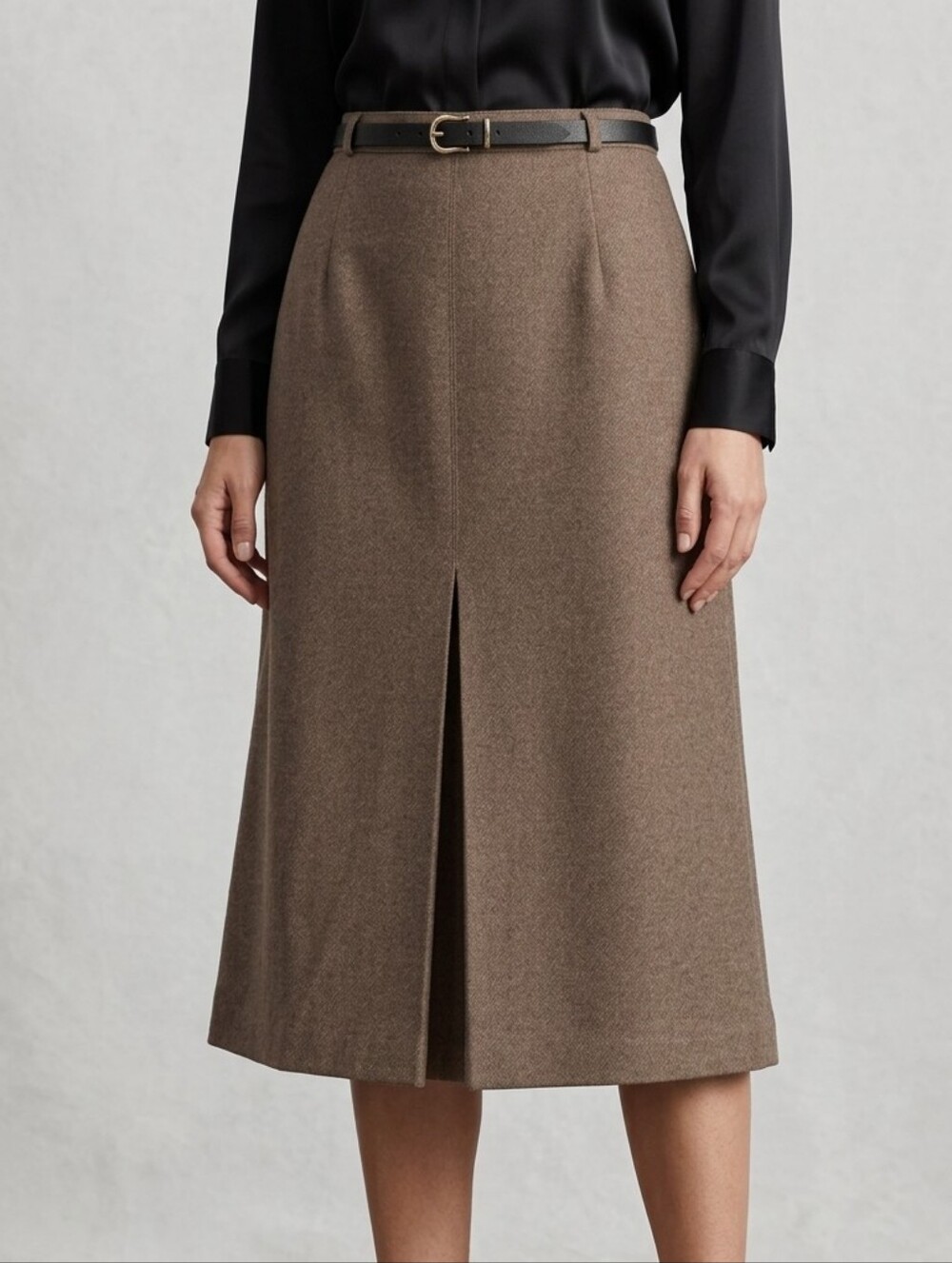 Vintage Tanjay Womens Brown A-Line Wool-Blend Front Pleat Belted Midi Skirt Sz 8